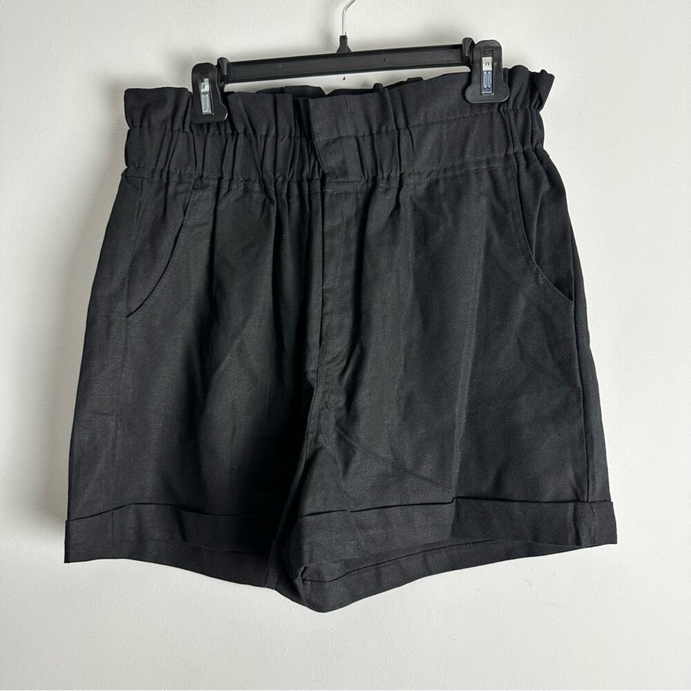 New OPT Black Paper bag High Waisted Tailored Shorts Flax Blend Large Resort